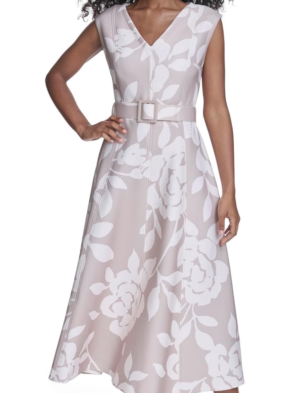 Calvin Klein Women’s sleeveless V-neck Belted A- line Midi Dress